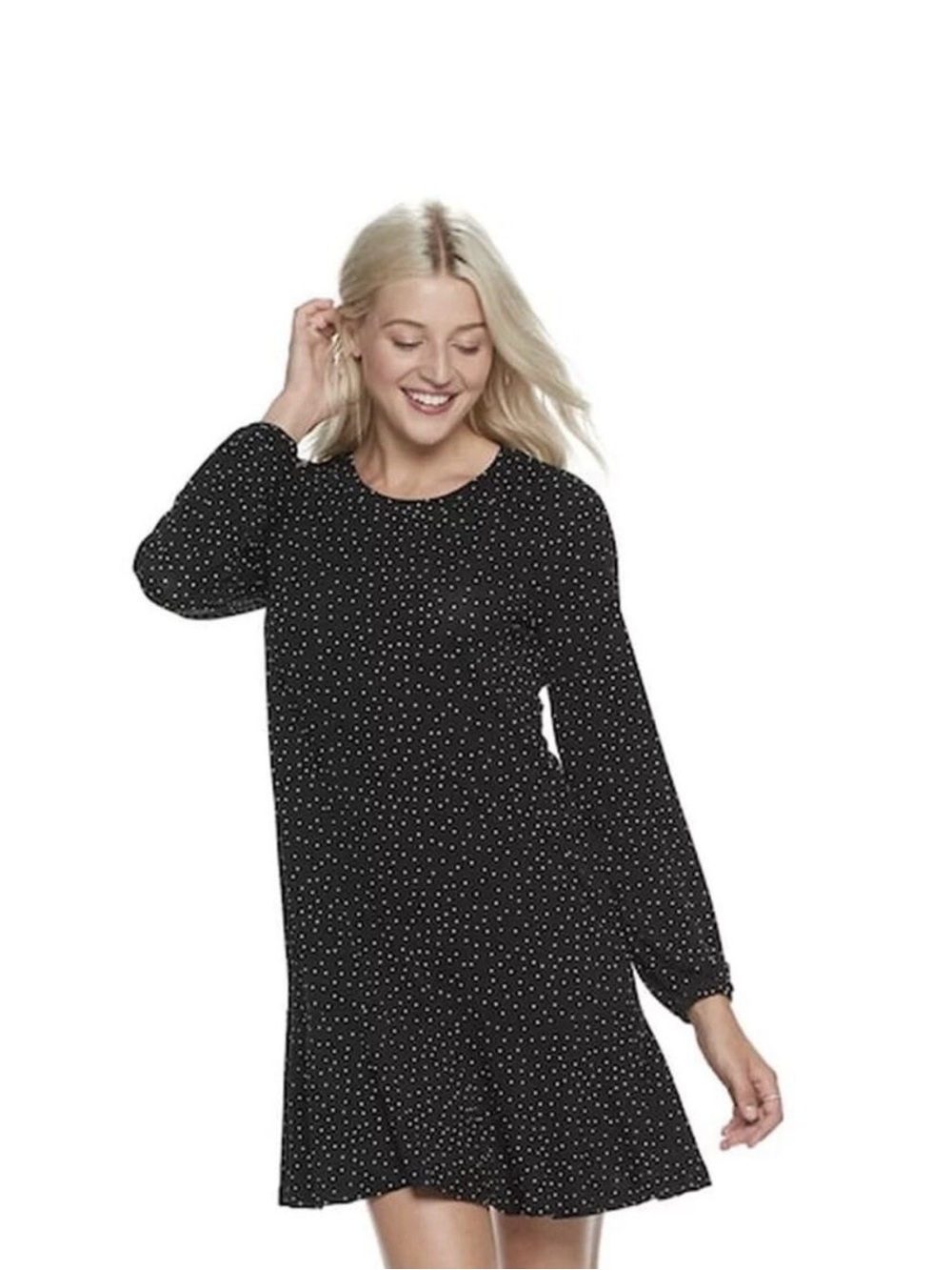POPSUGAR Black Polka Dot Long Sleeve Swing Dress with Pockets